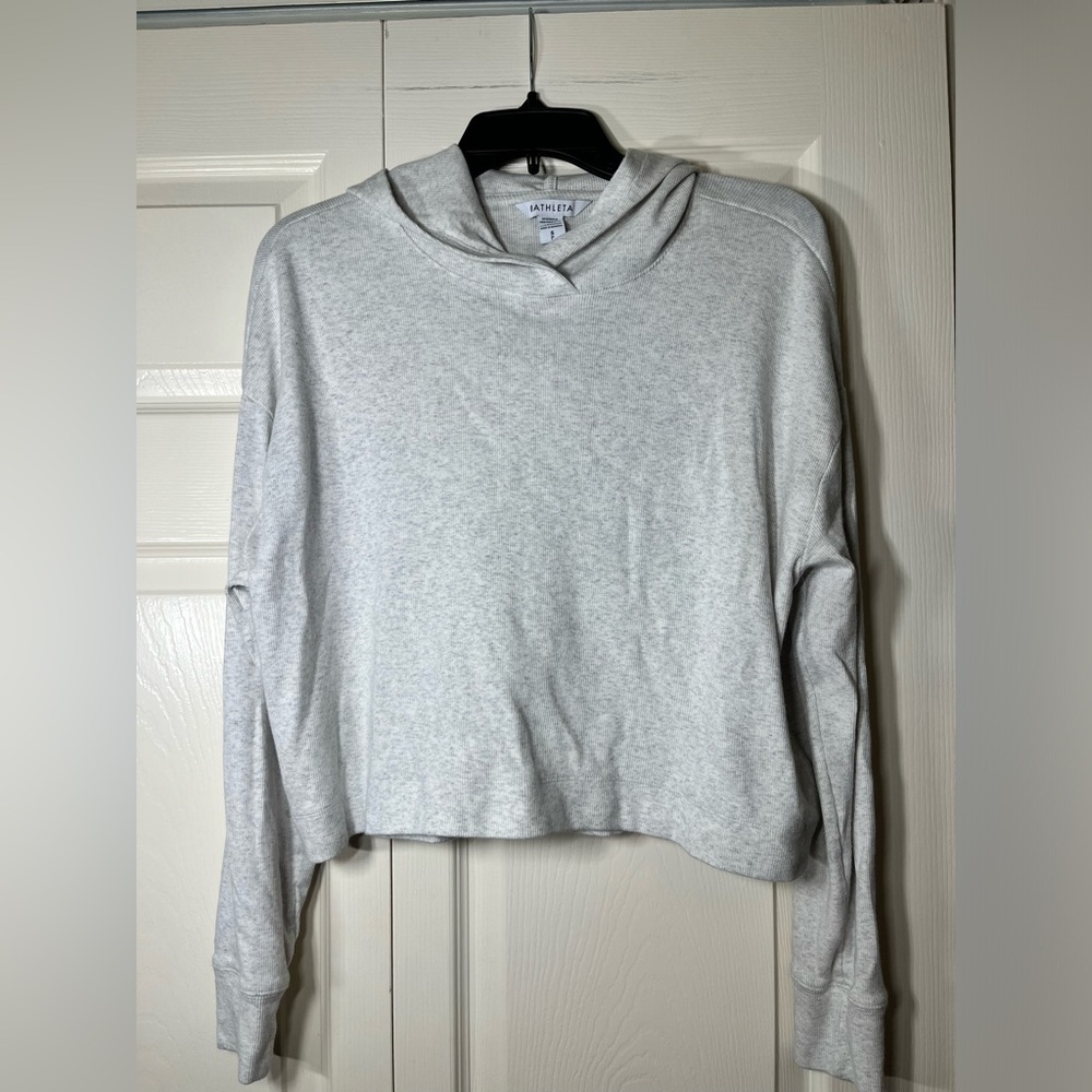 Athleta Women's Gray Ribbed Cropped Hooded Pullover Top Super‎ Cozy Lounge Top